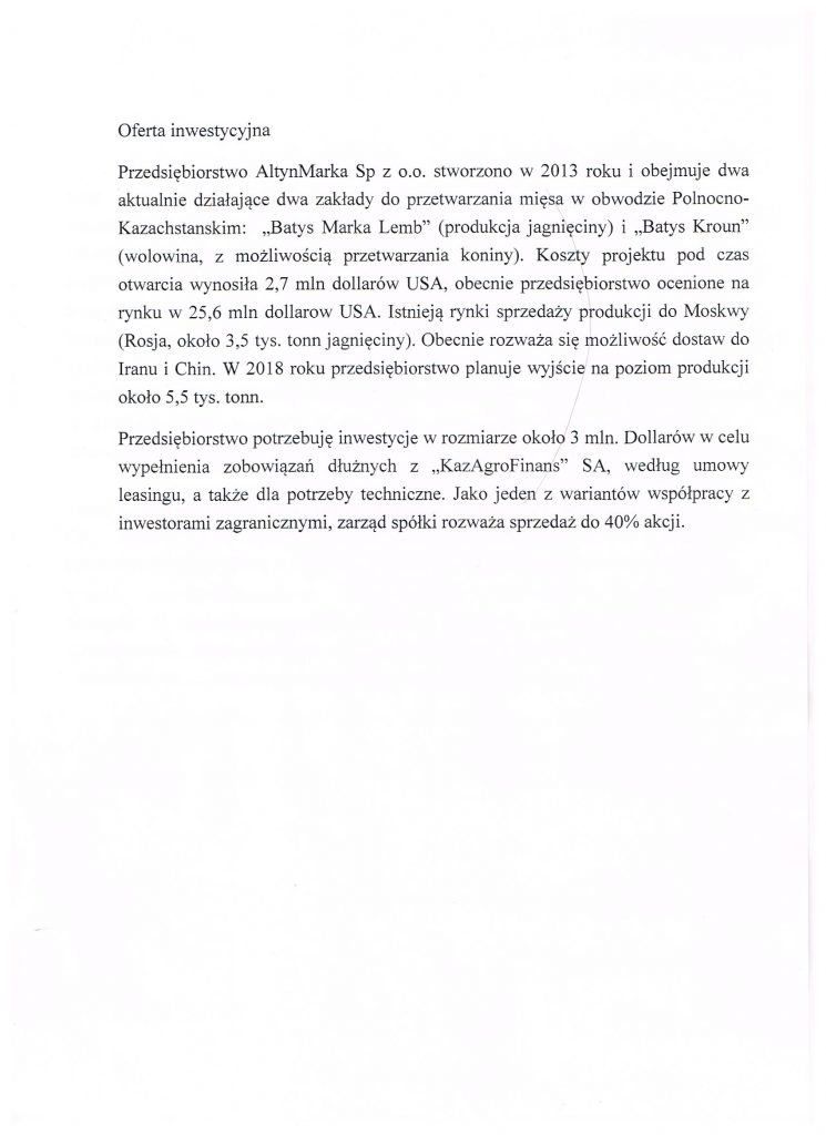 Oferta inwestycyjna Kazachstan 001
