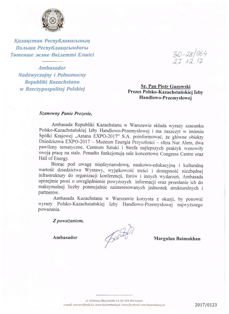 pismo Ambasada Kazachstanu
